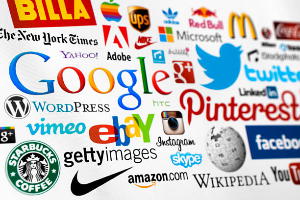 world brand logotypes - pinterest facebook twitter computer monitor foto e immagini stock