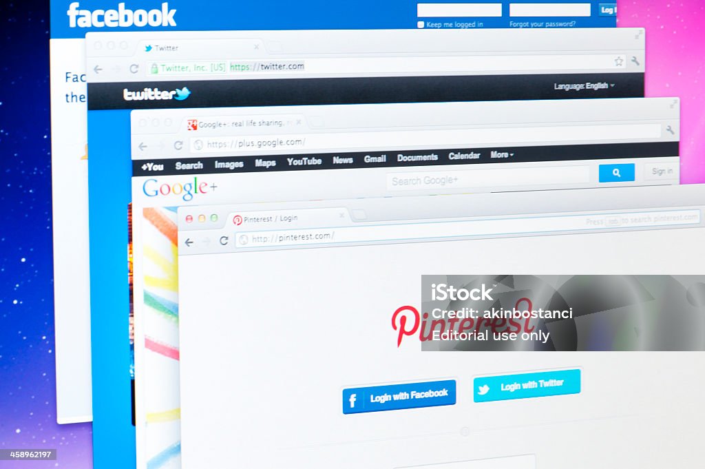 Pinterest and other social media web sites on computer screen Istanbul, Turkey - March 18, 2012: Social media web sites on computer screen including Pinterest, Facebook, Twitter and Google Plus. Pinterest Stock Photo