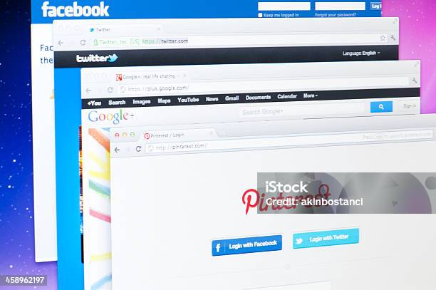 Pinterest And Other Social Media Web Sites On Computer Screen Stock Photo - Download Image Now