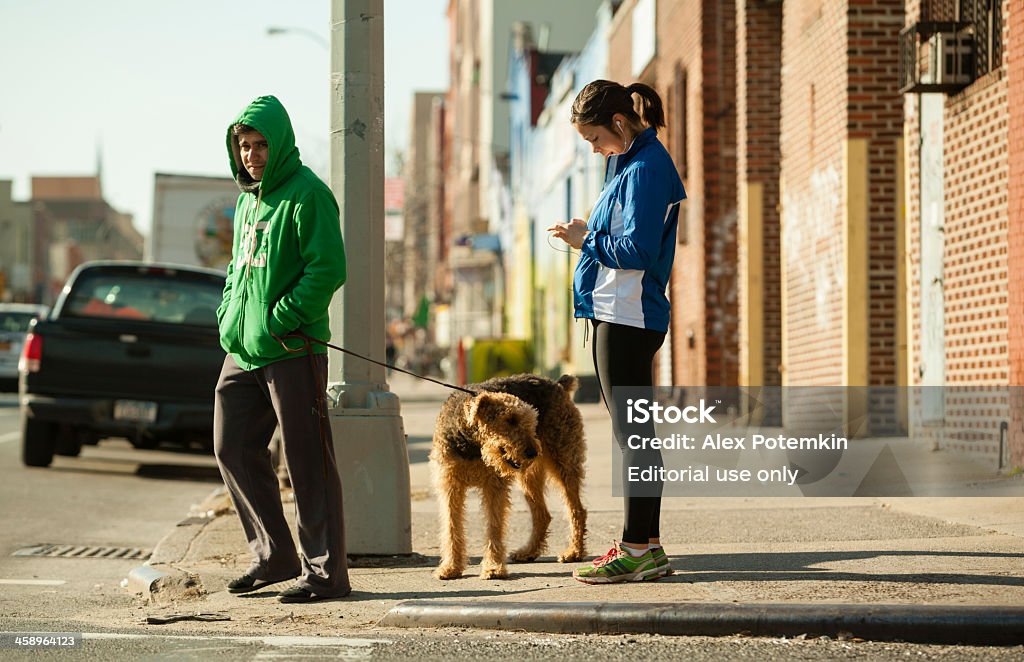 Mann mit Hund und junge Mädchen warten auf Grüne Ampel - Lizenzfrei Abwarten Stock-Foto