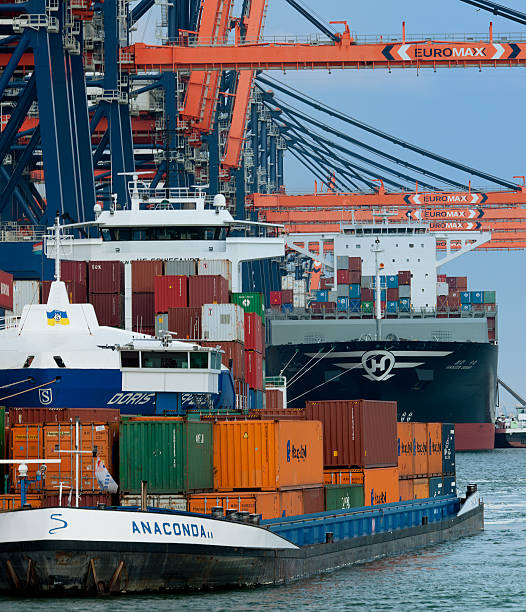 gantry краны загрузка грузовой контейнер судов в роттердам гавань - harbor editorial industrial ship container ship стоковые фото и изображения