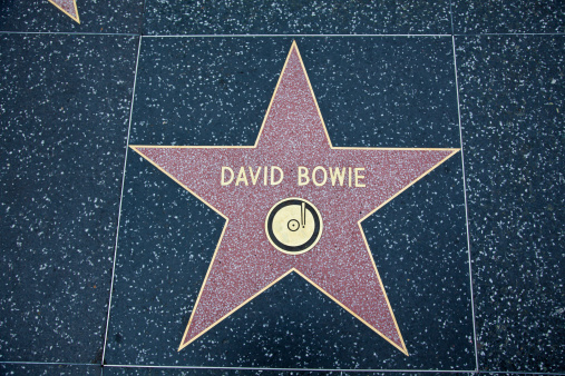 Hollywood, California - October 16, 2019: David Bowie star with Record Logo on Hollywood Walk of Fame. This star is located on Hollywood Blvd. and is one of 2700 celebrity stars.