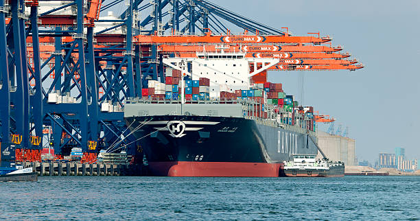 gantry краны загрузка грузовой контейнеровоз на гавань - harbor editorial industrial ship container ship стоковые фото и изображения