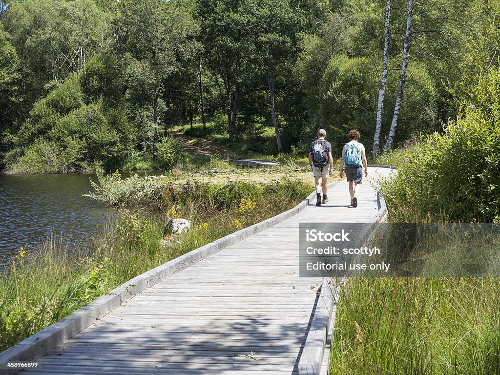 Hikers on boardwalk by a country lake in France "Limousin, France - August 3, 2012: Middle aged male and female walkers with rucksacks on a boardwalk at the edge of Lake Vassiviere in the Plateau de Millevanche regional park, Limousin, France. The lake is a reservoir constructed by EDF to provide hydroelectric power to the French national grid. All around its edge are leisure facilities for people who want a vacation in a quieter location" Limousin - France Stock Photo
