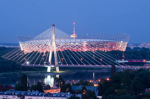 The National Stadium and Swietokrzyski Bridge, Warsaw stock photo