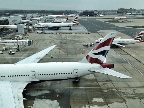 London, UK - March 21, 2013: A view of the boarding park at Gatwick airport from the viewing deck.