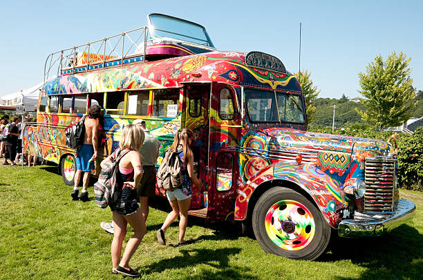 Seattle, USA - August 17, 2012: People at Hempfest in Myrtle Edwards Park on a sunny day checking out a psychedelic bus from Oregon called the Further