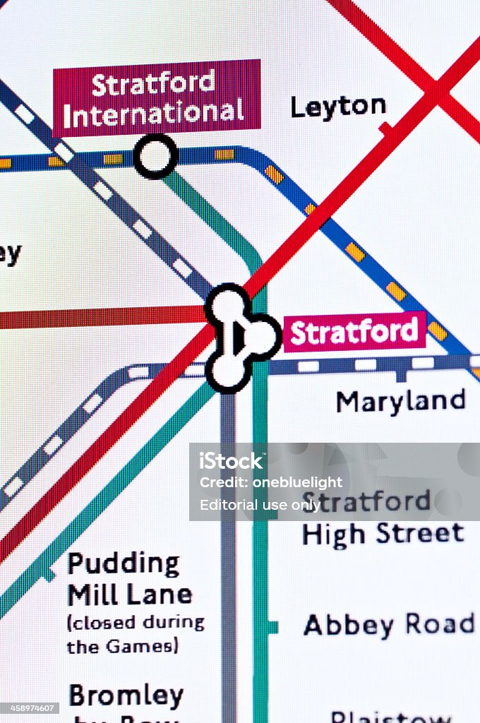 Screenshot of Stratford and Startford International on the Underground Map "London, UK - April 19, 2012: Screenshot of Stratford and Startford International on the London Underground Map. The map is from the official web site of the London Olympic games, London2012.com. Stratford is the tube station to get to the Olympic stadium." Stratford - London Stock Photo