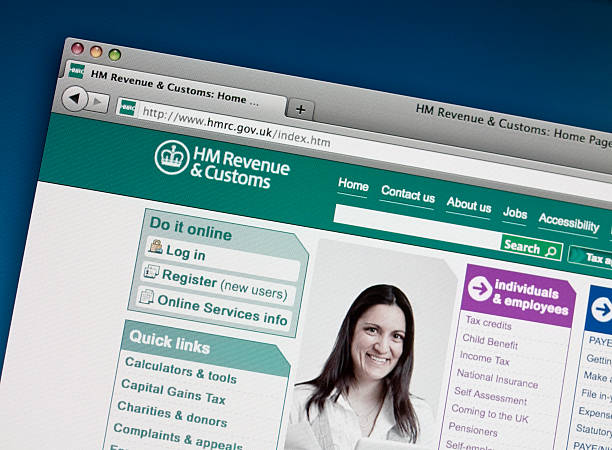 HM Revenue and Customs website London, England - September 10, 2011: Part of the Home Page of the website of the British tax website, 'HM Revenue + Customs'. Her Majesty's Revenue + Customs is a department of the British Government and is responsible for collecting taxes including Income Tax, VAT, Capital Gains Tax, Inheritance Tax, Excise Duty, Stamp Duty, Land Tax, Air Passenger Duty, Climate Change Levy, National Insurance etc. hm government stock pictures, royalty-free photos & images