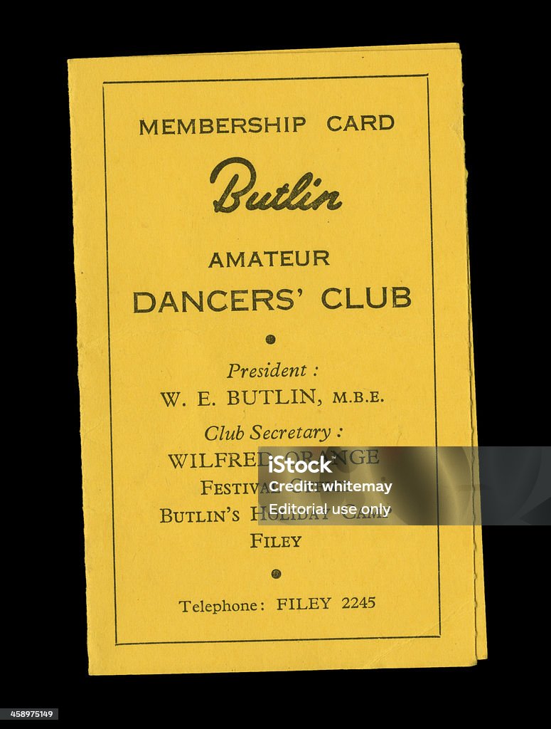 Butlin's Amateur Dancers' Club card "London, England - November 5, 2012: A membership card for Butlins Amateur Dancers Club at Filey, North Yorkshire, dating from the 1950s. Butlins holiday camps were hugely popular at this time - after the privations of the war years, they offered excitement and entertainment, meals and accommodation, all in one place. The Filey camp opened in 1945 and closed in 1983." Butlins Stock Photo