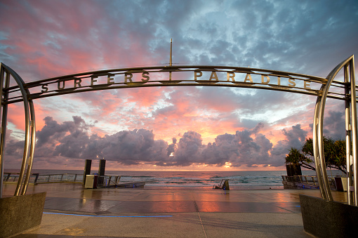 Surfers Paradise, Australia - February 15, 2013: Surfers Paradise sign. Surfers Paradise Gold Coast is a major tourist destination in Australia with beautiful beaches