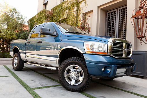 Scottsdale, United States - March 8, 2012: A parked blue 2006 Dodge Ram, the Ram from Dodge is a popular Amercian made truck that competes with the Chevrolet Silverado and Ford F150.