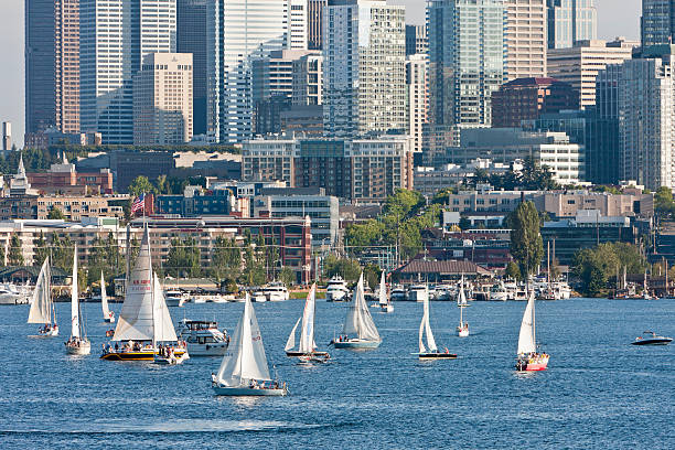 A sailboat in Elliott Bay in front of the Seattle Space Needle