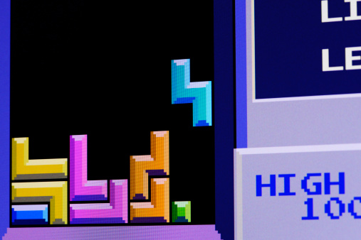 Borgosesia, Italy - September 1, 2012: Close up of vintage classic videogame on computer monitor: Tetris by Atari