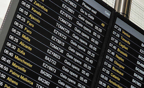 Departure Board "Gatwick, UK - May 3, 2009: A flight departure board at Gatwick Airport, south of London, UK. The early morning flights listed are all to Europe on British Airways, Thomson Airways or EasyJet, however there are also flights to North and central America, the Caribbean, Africa and the Middle and Far East." gatwick airport photos stock pictures, royalty-free photos & images