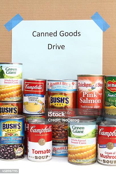 Canned Goods Drive Closeup Vertical Shot Stock Photo - Download Image Now - A Helping Hand, Assistance, Black Bean
