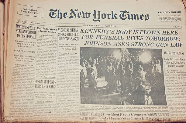 Robert Francis Kennedy Funeral "New York, New York, USA - November 3, 2012: A close up of the front page of the The New York Times newspaper dated June 7, 1968. The New York Times reporting the body of Senator Robert Francis Kennedy's is flown for funeral." splitsen stock pictures, royalty-free photos & images