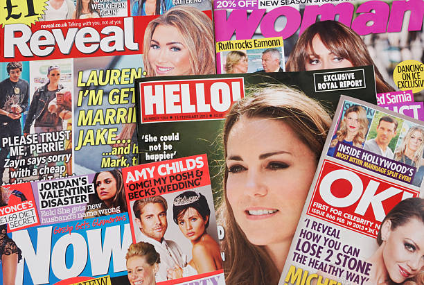 Gossip Magazines "Hull, United Kingdom - February 20, 2013: Collection of British gossip magazines featuring Reveal, OK, Hello, Now and Woman." princess of wales stock pictures, royalty-free photos & images