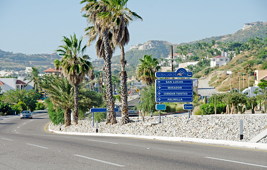 San Jose del Cabo, Mexico - November 28, 2012: A sign on the main highway, Highway 1, between Cabo  San Lucas and the town, San Jose del Cabo.