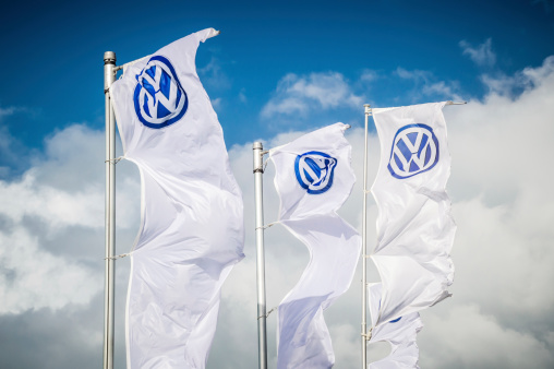 Westerland, Germany - October 7, 2012: Three Volkswagen flags in the wind.