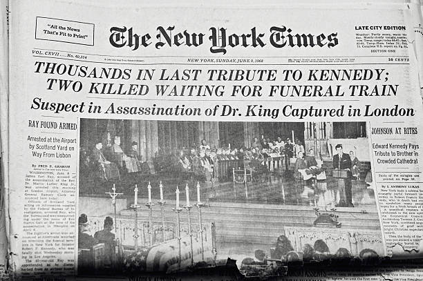 Robert Francis Kennedy Funeral "New York, New York, USA - November 3, 2012: A close up of the front page of the The New York Times newspaper dated June 9, 1968. The New York Times reporting the tribute to Senator Robert Francis Kennedy's at the funeral." splitsen stock pictures, royalty-free photos & images