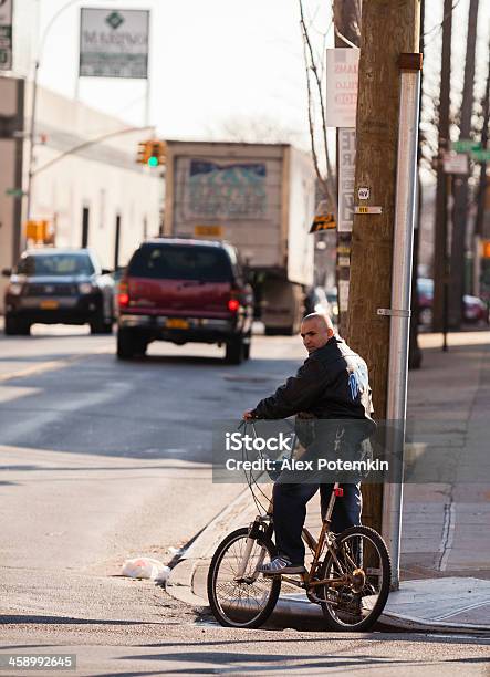 Man On The Bicycle Waiting For A Green Light Stock Photo - Download Image Now - Adult, Bicycle, Brooklyn - New York
