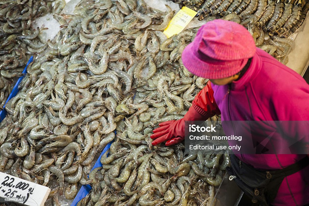 Noryangjin Fisheries Wholesale Market "Seoul, Republic of Korea - November 13, 2012: Noryangjin Fisheries Wholesale Market. Female seller looking at her shrimps." Fish Stock Photo
