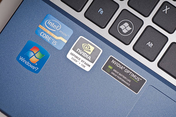 Windows, Intel and nvidia sticker on laptop computer stock photo