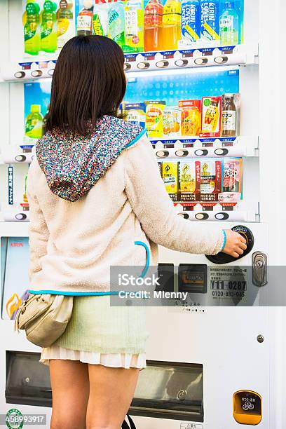 Japan Woman At Beverage Vending Machine Stock Photo - Download Image Now - Vending Machine, Adult, Bottle