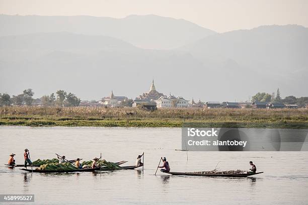Myanmar Traditional Boats On Inle Lake Stock Photo - Download Image Now - Agriculture, Copy Space, Farmer