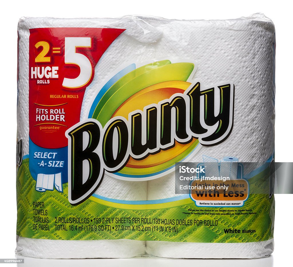 Bounty 2 paper towels rolls package "Miami, USA - March 04, 2012: Bounty 2 paper towels rolls package. Bounty brand is owned by Procter & Gamble." Paper Towel Stock Photo