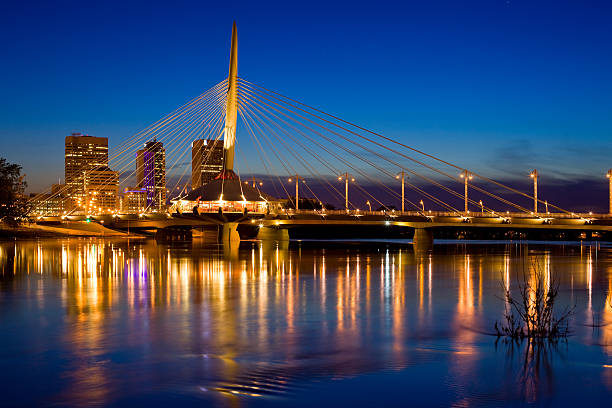 Winnipeg, Canada "Winnipeg, Canada - June 2, 2009: Cityscape of Winnipeg with the Provencher Bridge and the Red River in the foreground." winnipeg photos stock pictures, royalty-free photos & images