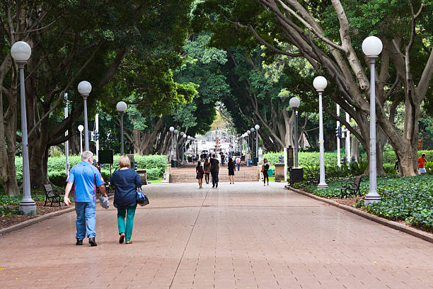 Hyde Park Sydney Australia Sydney, Australia - April 07, 2013: Central pathway at Hyde Park in Sydney Australia with tourists and sightseers walking and enjoying sunday afternoon. The central pathway through the park is an impressive, tiled, fig lined road linking two of the parks other features, the Archibald Fountain and the War Memorial. hyde park sydney stock pictures, royalty-free photos & images