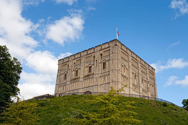 Norwich Castle in spring "Norwich, England - May 11, 2009: Norwich Castle keep and castle mound on a spring day. The stone keep was constructed by order of the King between 1100 and 1120 to replace a wooden structure which stood on the same mound dating back to the Norman conquest of 1066. The castle was used as a prison until 1887 and has been used as a museum since 1894." norman uk tree sunlight stock pictures, royalty-free photos & images