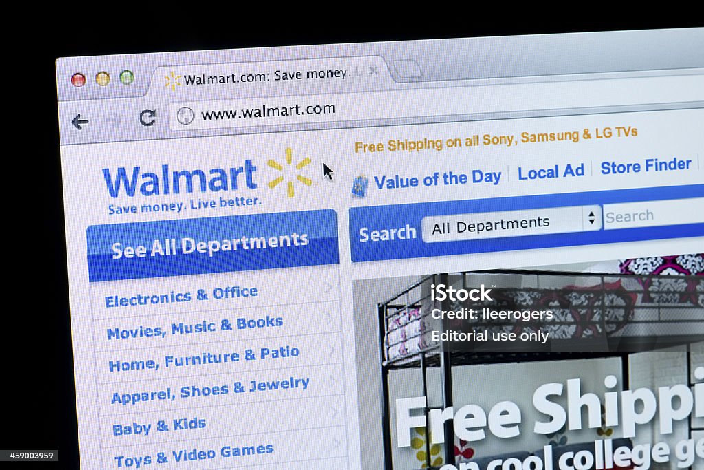Walmart website "St Ives, England - July 31, 2012: Close up of the Walmart website displayed in Google Chrome. Walmart is an American multinational retailer corporation that runs chains of large discount department stores and warehouse stores." Wal-mart Stock Photo
