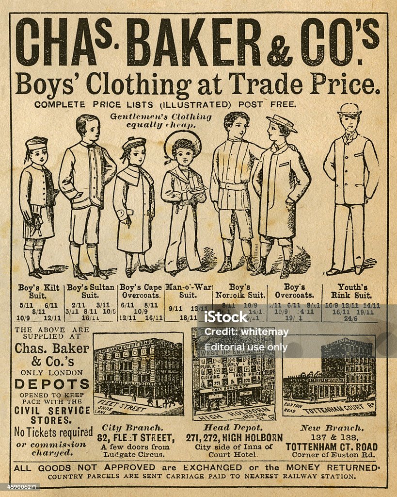 Victorian boys'tienda de ropa publicidad, 1881 - Ilustración de stock de Anuncio libre de derechos