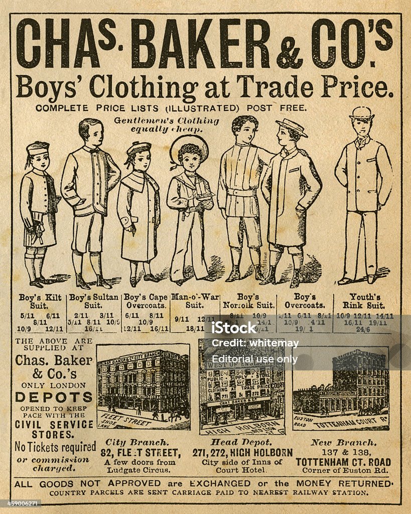 Victorian Magasin de vêtements garçons publicité, 1881 - Illustration de Publicité libre de droits