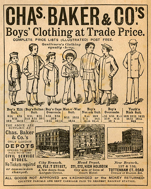 ilustrações, clipart, desenhos animados e ícones de victorian chuteira clothing shop (loja de publicidade, 1881 - roupa de marinheiro
