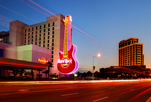 Biloxi, Mississippi, USA - April 6, 2012: Nighttime View of the Biloxi Strip including the Hard Rock and Beau Rivage casinos.
