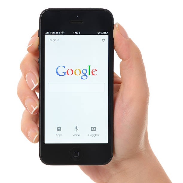 google per iphone 5 - google mobile phone telephone searching foto e immagini stock