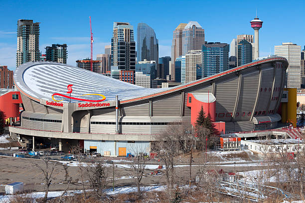 Calgary's Scotiabank Saddledome "Calgary, Canada - February 27, 2013: Calgary's Scotiabank Saddledome sitting prominently infront of the downtown skyline.  The arena, home to the Calgary Flames NHL club is one of the oldest left in the NHL and is rumoured to be replaced in the near future." scotiabank saddledome stock pictures, royalty-free photos & images