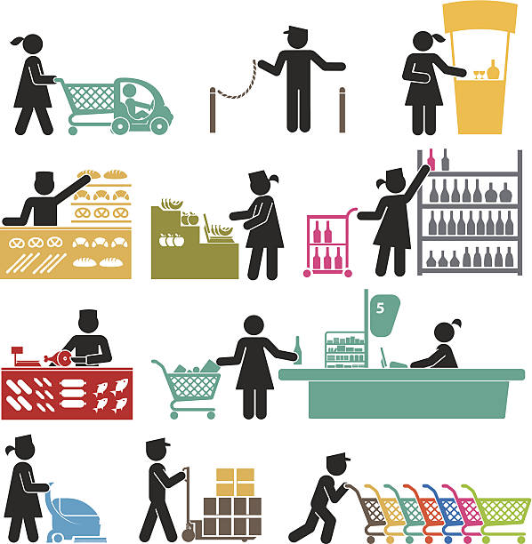mitarbeiter im supermarkt - store silhouette retail manual worker stock-grafiken, -clipart, -cartoons und -symbole