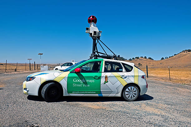 Google Maps Street View Car, Mariposa California USA "Mariposa, California, USA - August 23rd, 2012 : A side shot of a Google Maps Street View car parked by the Hornitos Ranches. The device mounted on top of the car contains, lasers, motion sensors and the actual street view camera used to take street view pictures of different neighborhoods." clear sky usa tree day stock pictures, royalty-free photos & images