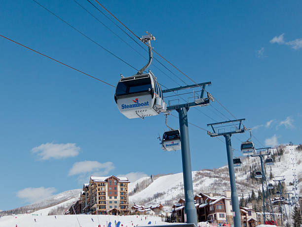 Steamboat, Colorado ski resort gondola "Steamboat, USA - March 4, 2012: Steamboat, Colorado ski resort in winter.  View of the gondola from the base of the mountain." steamboat springs stock pictures, royalty-free photos & images