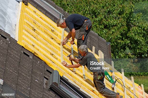 Roofer At Work Stock Photo - Download Image Now - Adult, Adults Only, Art And Craft