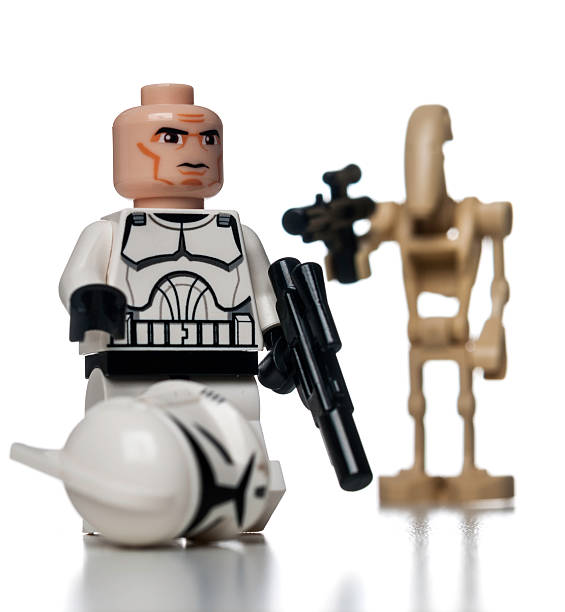 Adelaide, Australia - February 7, 2012: Star Wars Stormtrooper toy figure standing with blaster weapon. This toy figure licensed by lucas stands 13 inches tall and calls out a warning when movement is detected.