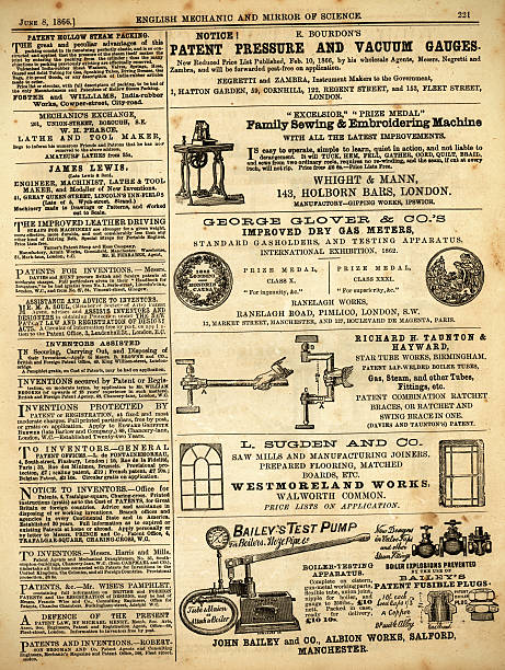 ilustraciones, imágenes clip art, dibujos animados e iconos de stock de página de anuncios de'english mechanic', 1866 - intellectual property brand name branding symbol