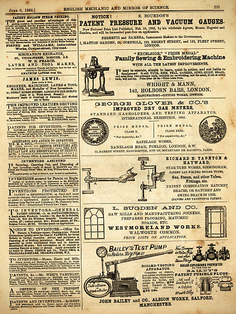illustrazioni stock, clip art, cartoni animati e icone di tendenza di pagina di messaggi pubblicitari le stringhe in'inglese mechanic', 1866 - 1866