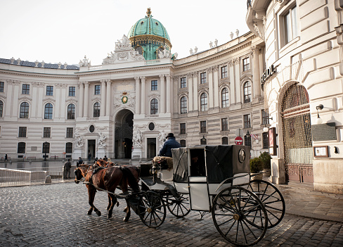 Vienna, Austria - January 8, 2012: A man driving passengers in a horse drawn carriage along the cobbled street outside St. Michael's Wing of the Hofburg Palace in central Vienna.
