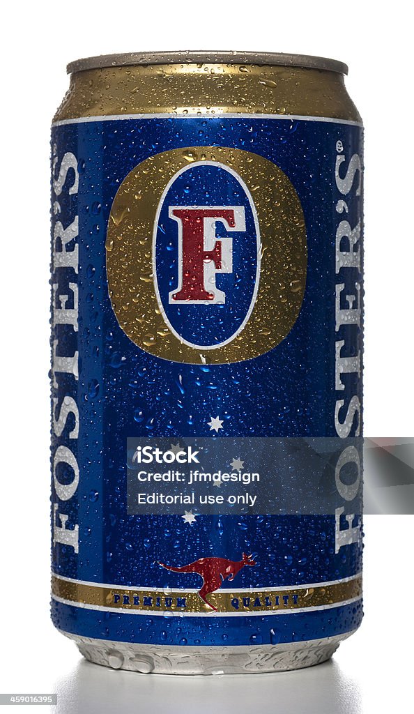 Foster's beer can e gotas d'água - Foto de stock de Bebida royalty-free